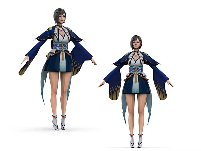 Game and Movie Character in Traditional Blue Outfit with Ornate Details and Short Hair 3d model