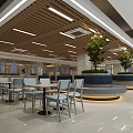 Spacious Modern Restaurant Interior With Wooden Ceiling Lighting Fixtures Dining Counters And Marble Walls