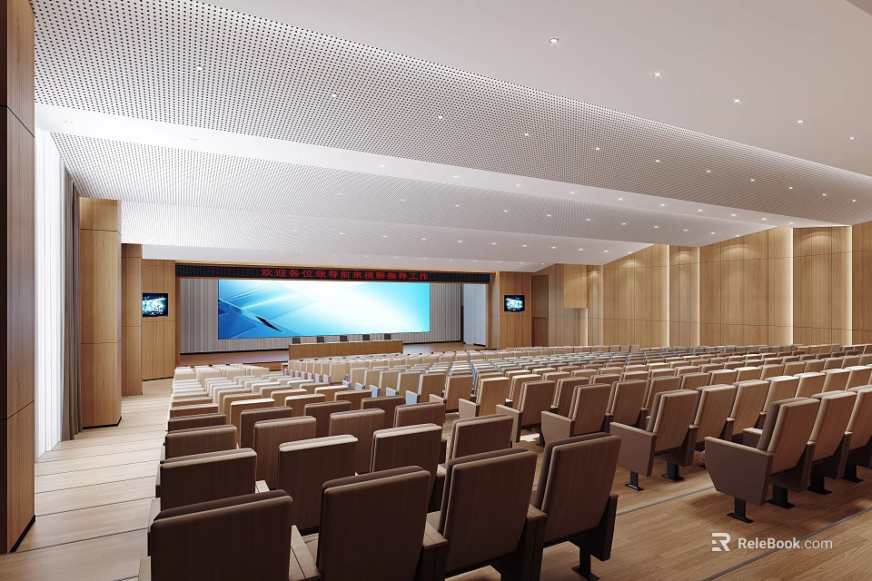 Large Conference Room With Rows Of Seats Large Screen Wooden Walls And Ceiling Design 3d model 