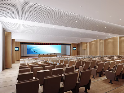 Large Conference Room With Rows Of Seats Large Screen Wooden Walls And Ceiling Design 3d model