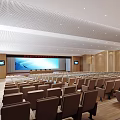 Large Conference Room With Rows Of Seats Large Screen Wooden Walls And Ceiling Design