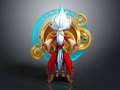 Man In Red Gold Robe With White Hair Beard Blue Circular Gears And Green Gemstones 3d model