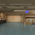 Airport Spacious Terminal Hall With Modern Blue Seating Information Screens And Geometric Flooring