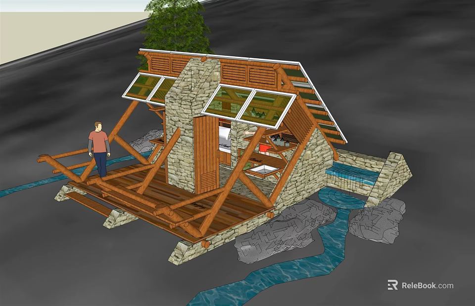 Wooden Cabin With Stone Walls And Wooden Deck By River Rocks And Tree 3d model 