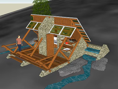 Wooden Cabin With Stone Walls And Wooden Deck By River Rocks And Tree 3d model