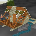 Wooden Cabin With Stone Walls And Wooden Deck By River Rocks And Tree