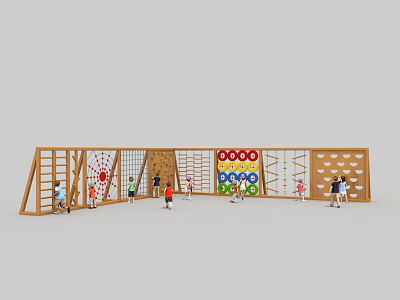 Children's Sports Equipment With Climbing Frames Colorful Rings And Wooden Playground Structure 3d model