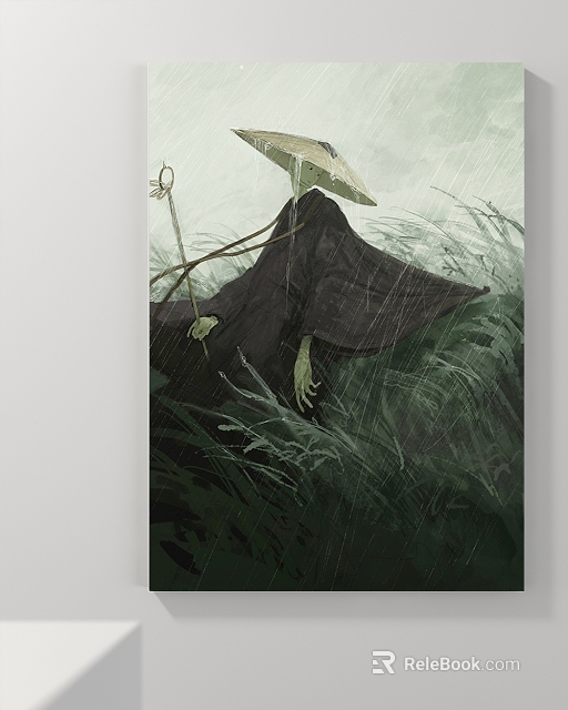 Mysterious Figure Painting With Black Cloak Bamboo Hat In Rainy Tall Grass 3d model 