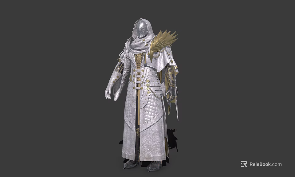 Game Movie Character In Silver Armor With Long Cloak And Feathered Shoulder Details 3d model 