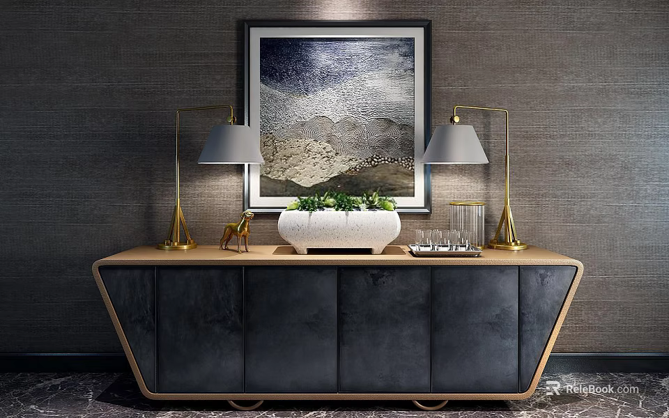 Modern Console Table Sideboard With Gold Lamps Green Plant And Wall Art 3d model 
