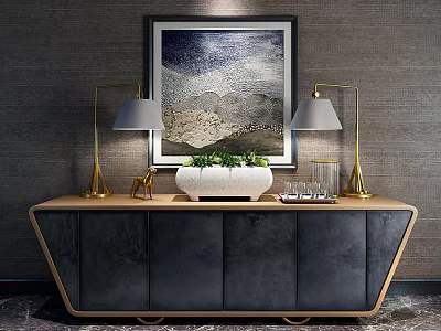 Modern Console Table Sideboard With Gold Lamps Green Plant And Wall Art 3d model