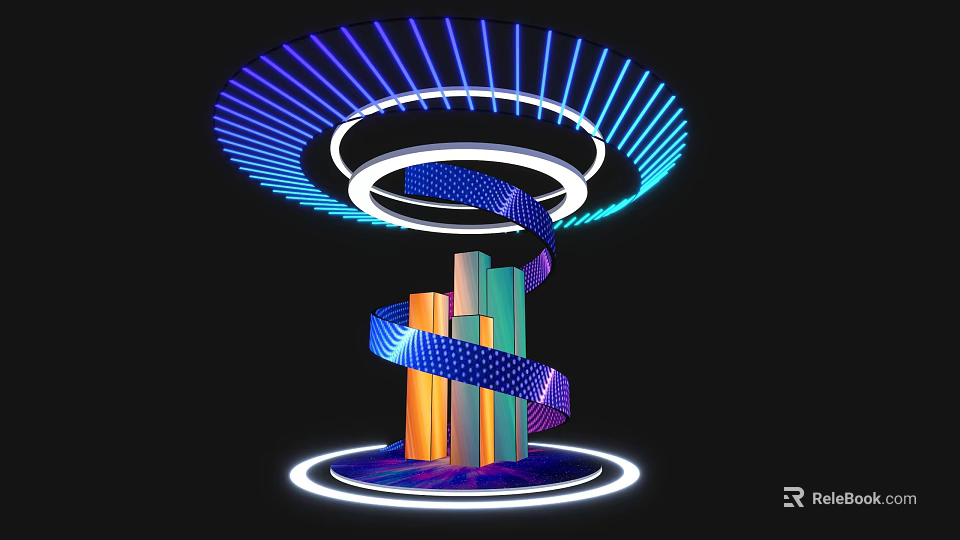 Exhibition Island Showcasing Illuminated Spiral Structure Colorful Pillars and Light Rings 3d model 