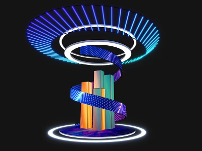 Exhibition Island Showcasing Illuminated Spiral Structure Colorful Pillars and Light Rings 3d model