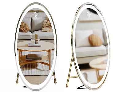 Oval LED Lit Floor Mirrors With Gold Stands In Living Room 3d model