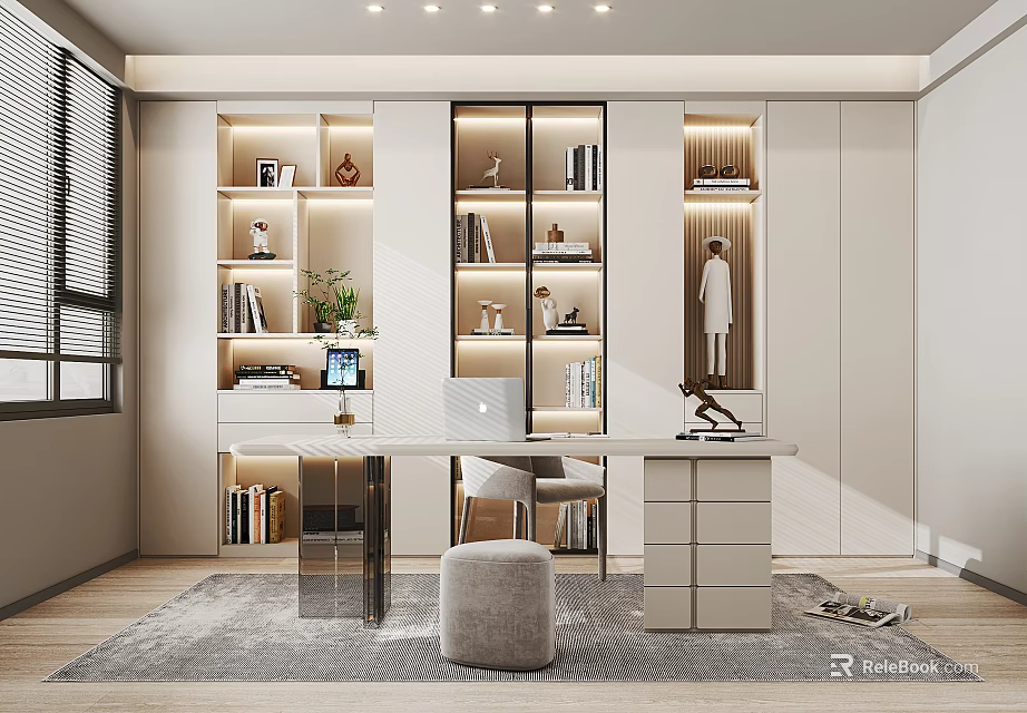 Modern Study Room Interior With Built In Shelves Desk And Stool 3d model