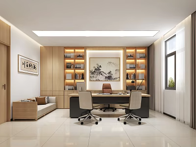 Bright Modern Office Interior With Wooden Bookshelves Desk Chairs Sofa Landscape Painting And Window 3d model