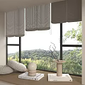 Stylish Pleated Curtains For Window With Green Landscape And Decorative Items
