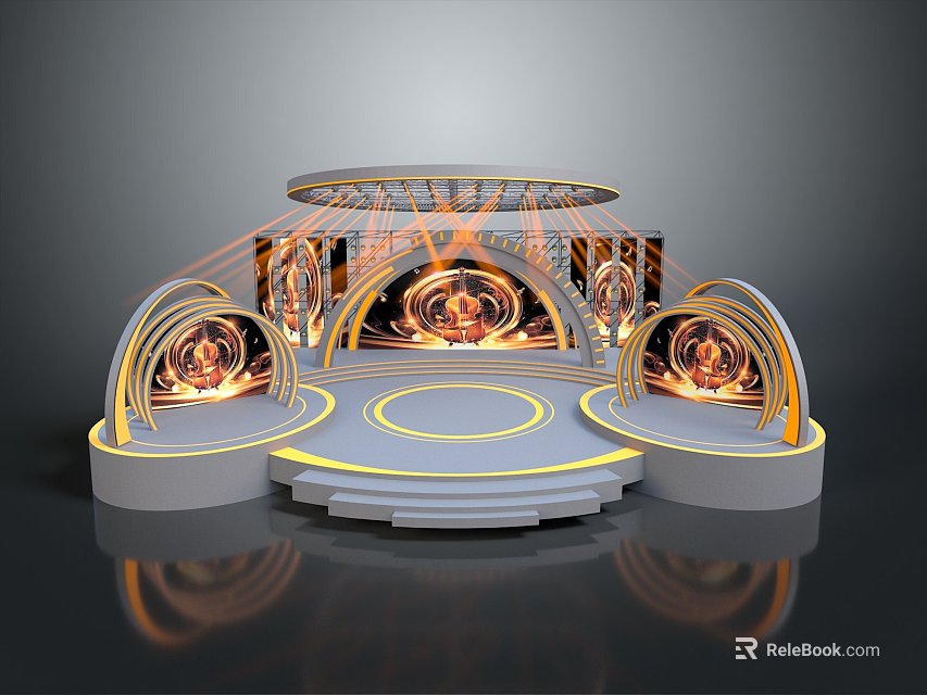 Household Items Display Platform With Round Design Arch Structures And Yellow Lighting Smooth Surface Steps 3d model 