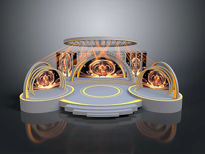 Household Items Display Platform With Round Design Arch Structures And Yellow Lighting Smooth Surface Steps 3d model