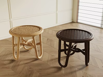 Two Woven Rattan Stools In Different Colors For Minimalist Room With Wooden Floor 3d model