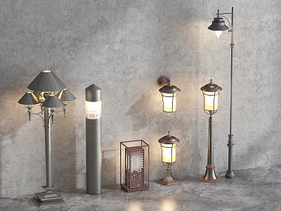 Various Outdoor Lights with Vintage Metal Designs and Warm Illumination for Garden Patio 3d model