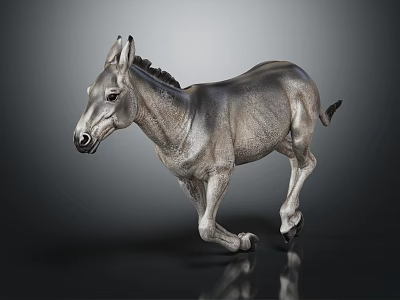 Gray Donkey Sculpture in Standing Posture with Shiny Surface on Dark Background and Clear Reflection 3d model