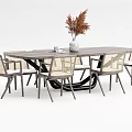 Dark Wooden Dining Table Set with 6 Rattan Back Chairs Vase Dried Flowers and Cup