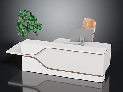 Modern White Reception Desk Furniture With Green Plant Computer Monitor And Brown Chair 3d model