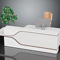 Modern White Reception Desk Furniture With Green Plant Computer Monitor And Brown Chair