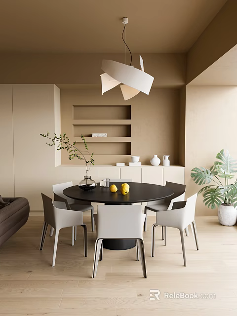 Modern Restaurant Interior With Black Round Dining Table White Chairs Pendant Light Shelves And Plants 3d model 
