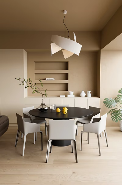 Modern Restaurant Interior With Black Round Dining Table White Chairs Pendant Light Shelves And Plants 3d model