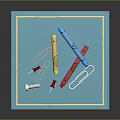 Assorted Household Stationery On Blue Tray With Thumbtacks Crayons And Paper Clip