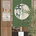 Green Curtain with Circular Bamboo and Bird Pattern in Chinese Style Interior with Wooden Lattice