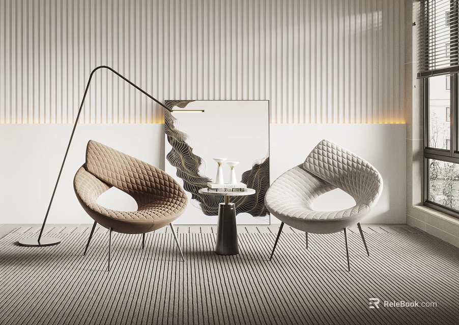 Modern Leisure Sofa Set With Brown and Beige Chairs Small Coffee Table and Striped Wall 3d model 