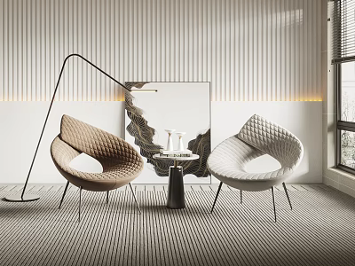 Modern Leisure Sofa Set With Brown and Beige Chairs Small Coffee Table and Striped Wall 3d model