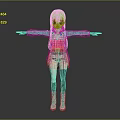 Game and Movie Character with Pink Hair Red Top Brown Coat Black Skirt Arms Outstretched