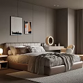 Modern Bedroom Interior With Bed Nightstand Lamp Wall Art Dressing Table Chair And Rug