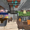 Modern Cafe Interior Design With Green Plant Wall Wooden Tables And Cozy Seating Area