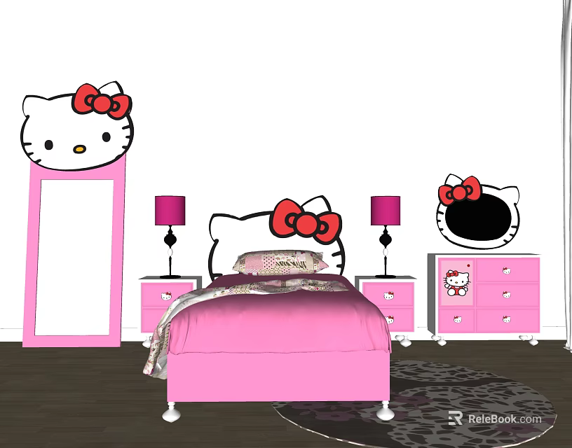 Cute Hello Kitty Themed Kids Bed Pink With Bow Accent Nightstands Purple Lamps And Mirror 3d model 