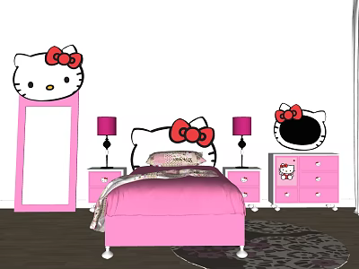 Cute Hello Kitty Themed Kids Bed Pink With Bow Accent Nightstands Purple Lamps And Mirror 3d model