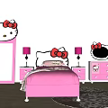 Cute Hello Kitty Themed Kids Bed Pink With Bow Accent Nightstands Purple Lamps And Mirror