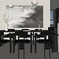 Modern Restaurant Interior With Long Black Dining Table Black Chairs White Vase And Abstract Painting