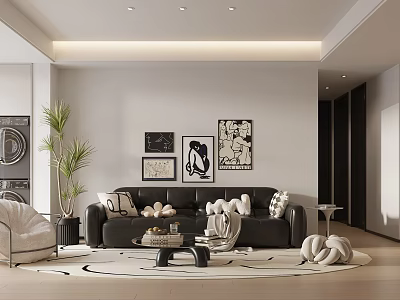 Modern Living Room Interior Design With Black Sofa Wall Art And Potted Plant 3d model