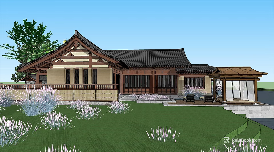 Traditional Chinese Detached Villa With Classic Roof Green Lawn Flower Beds And Terrace 3d model 