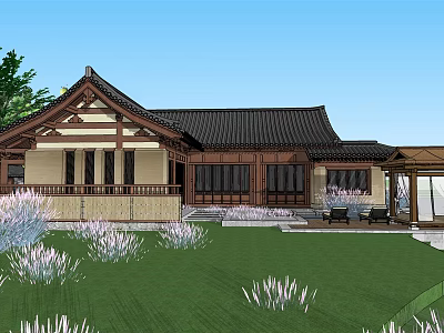 Traditional Chinese Detached Villa With Classic Roof Green Lawn Flower Beds And Terrace 3d model