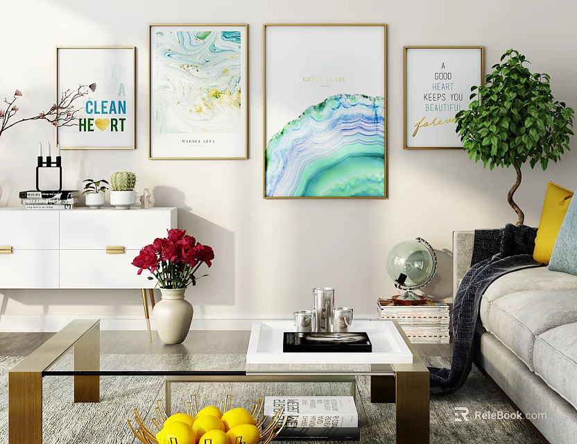 Stylish Coffee Table With Glass Top Gold Frame In Living Room Sofa Paintings And Plant 3d model 