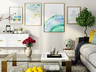 Stylish Coffee Table With Glass Top Gold Frame In Living Room Sofa Paintings And Plant 3d model