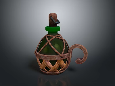 Decorative Household Bottle with Green Neck Brown Woven Body Wooden Lid and Handle 3d model