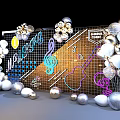 Elegant Music Theme Party Decor With Silver Balloons Grid Backdrop And Guitar Notes Design 3d model