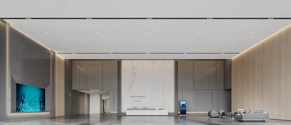 Modern Front Desk Reception Lobby Area With Marble Wall Grey Cabinets And Sofa 3d model 